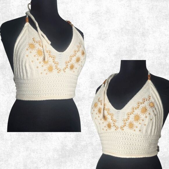 Romwe 3X Knit Sun Embroidered Halter Top – Cream Festival Crop Top Boho Beachwea - Picture 5 of 5